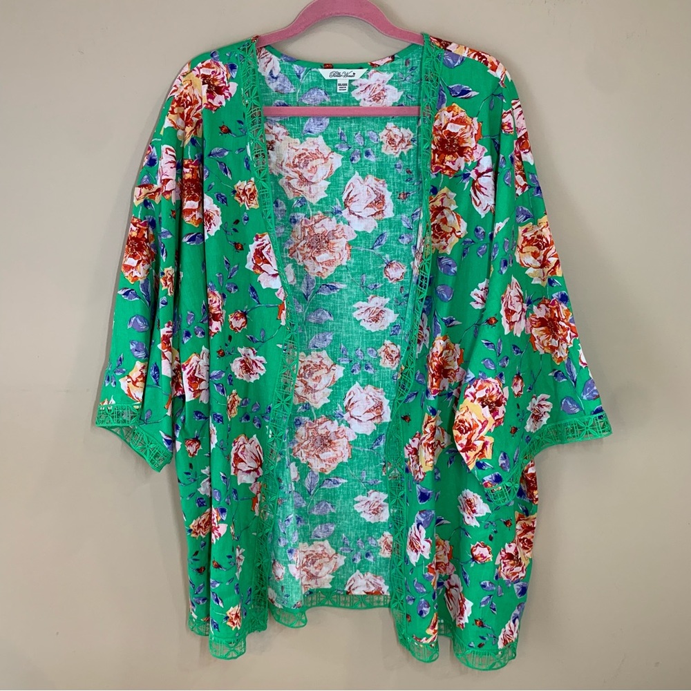 Pioneer Woman Linen Blend Green Floral Crochet Trimmed Duster, XXL/XXXL, EUC